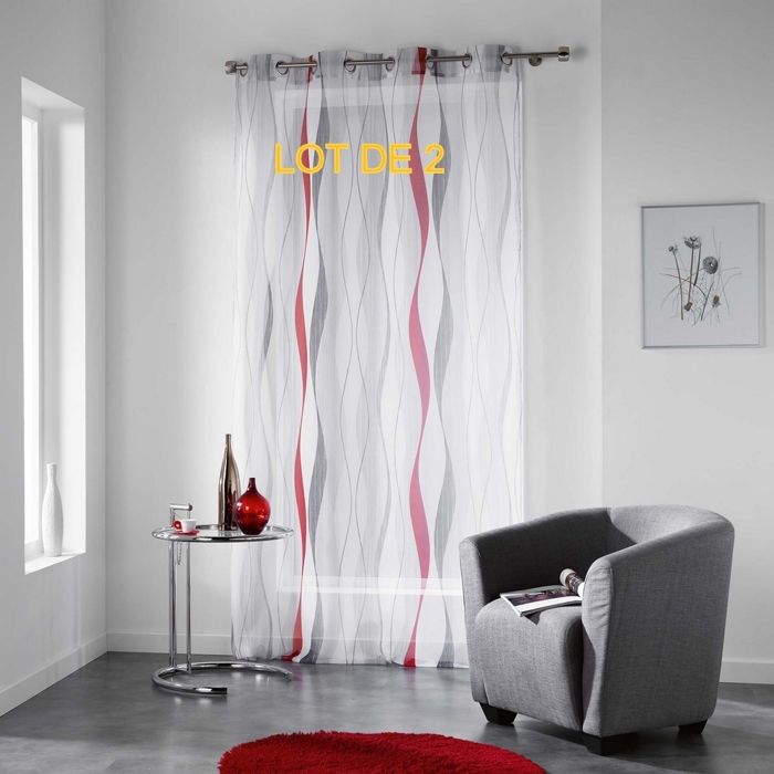 Lot de 2 voilages a oeillets 140 x 240 cm voile imprime transfert ondulys Rouge
