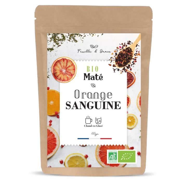 Orange Sanguine - Maté vert Aromatisé Bio - Fruit mélangé - Feuilles en Vrac -Plante naturelle pour Infusion de qualité -Poids 100 g