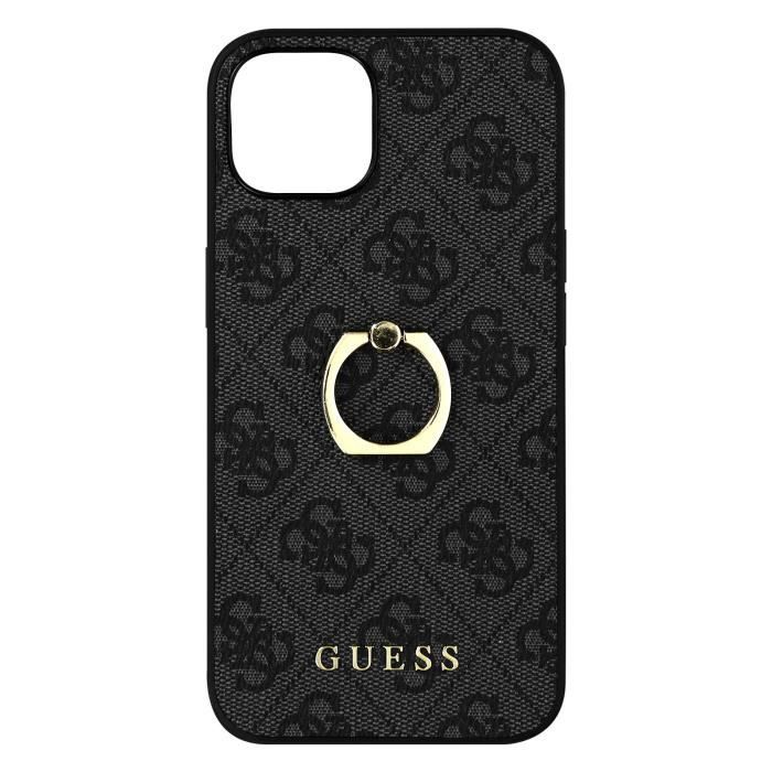 Coque iPhone 13 Bague de maintien Motif 4G avec Logo en Relief Guess Gris