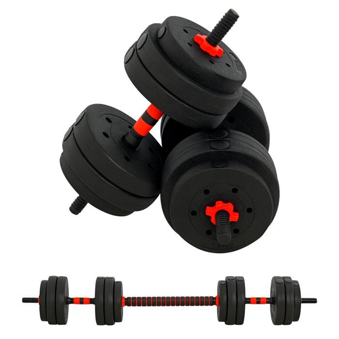 Ensemble d'haltères courtes total 25 Kg - barres incluses - entraînement musculaire & haltérophilie - acier HDPE noir rouge