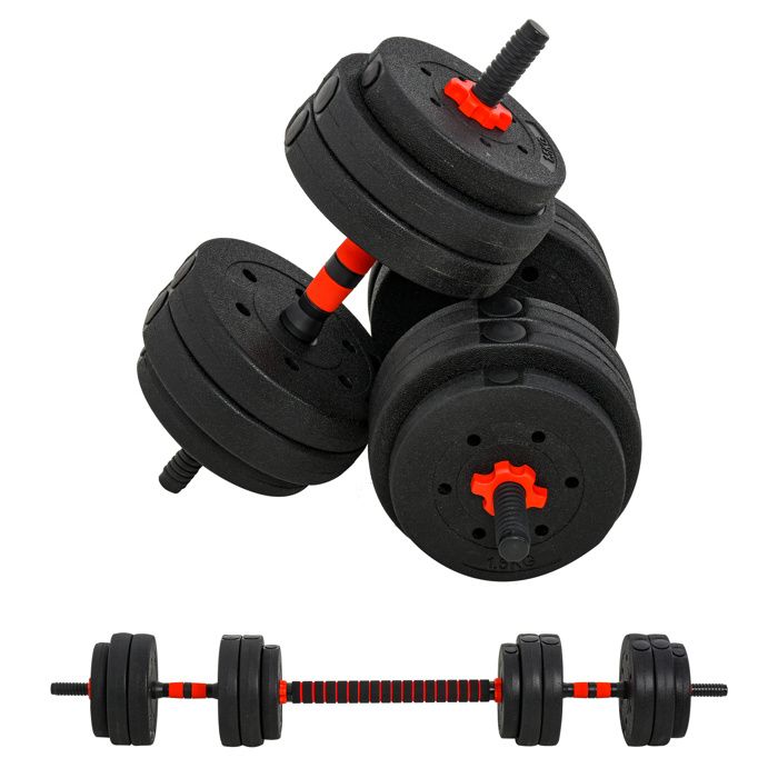HOMCOM Ensemble d'haltères Courtes Total 25 Kg - Barres incluses - entraînement Musculaire & haltérophilie - Acier HDPE Noir Rouge
