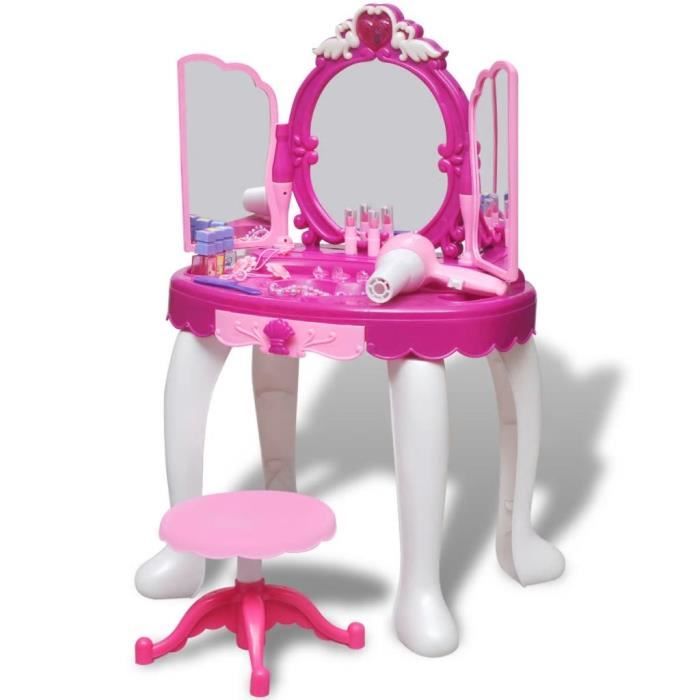 Coiffeuse enfant de jouet, Table de maquillage avec tabouret, tiroir, 3 miroir - 45 x 45 x 67 cm - Rose
