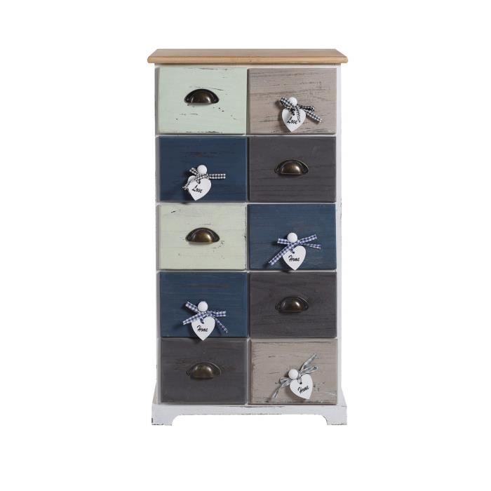 Mobili Rebecca Commode Meuble 10 Tiroirs Bois Blue Gris Blanc Retro 88x48x30