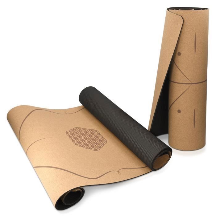 Navaris Tapis de yoga en liège - Tapis antidérapant en liège naturel et TPE - Sangle de transport - 183 x 61 x 0,5 cm - Gymnastique