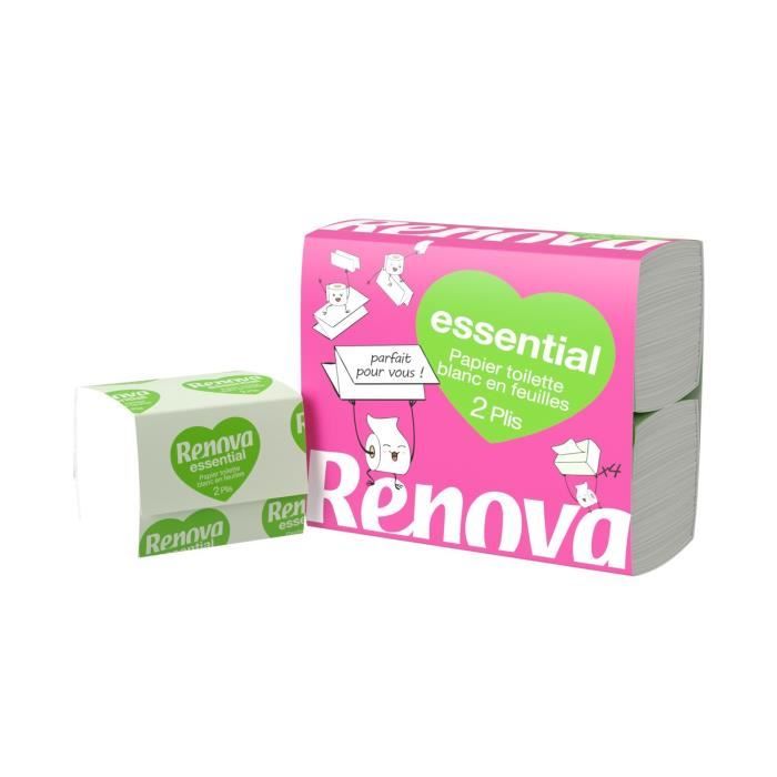 LOT DE 10 - RENOVA Papier toilette Plat Carré en feuille 2 plis - Paquet de 4 blocs