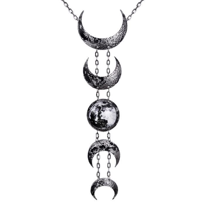 Collier long argenté phases de la lune, LUNAR PHASES, sorcière gothique occulte witch aille unique Gris