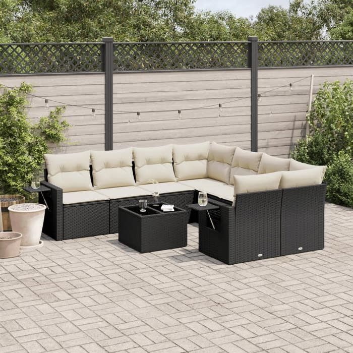 vidaXL Salon de jardin 9 pcs avec coussins noir résine tressée 3219955