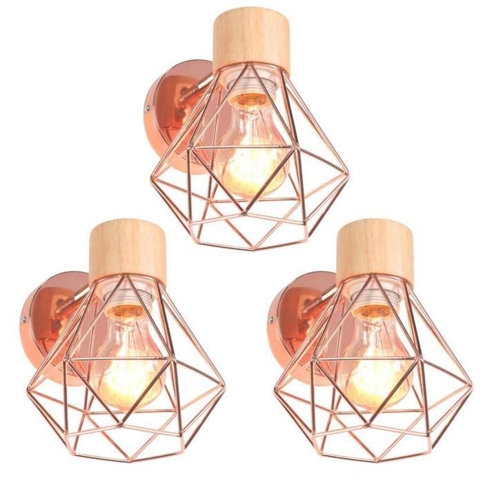WOTTES Applique murale en bois Moderne intérieure 3 pièces Ø16cm Or rose Cage lampe murale industrielle pour Cuisine Balcon