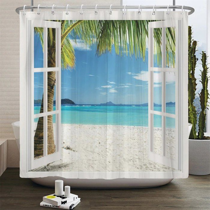 Rideau De Douche Nautique Avec 12 Crochets – Phare, Ancre, Voilier – Jaune