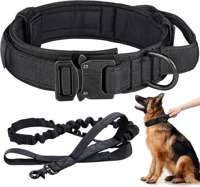 Collier et Laisse Tactiques pour Chien avec Poignée de Contrôle et Boucle en Métal - XL(50-62cm) - Noir