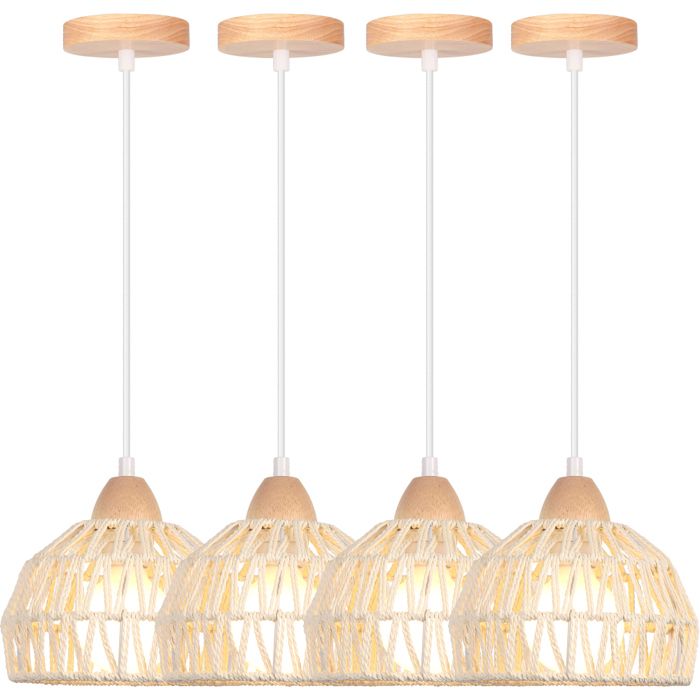 Suspension Luminaire Vintage IDEGU - Lustre Industriel en Bois Rotin Blanc - Plafonnier Décoration Salon
