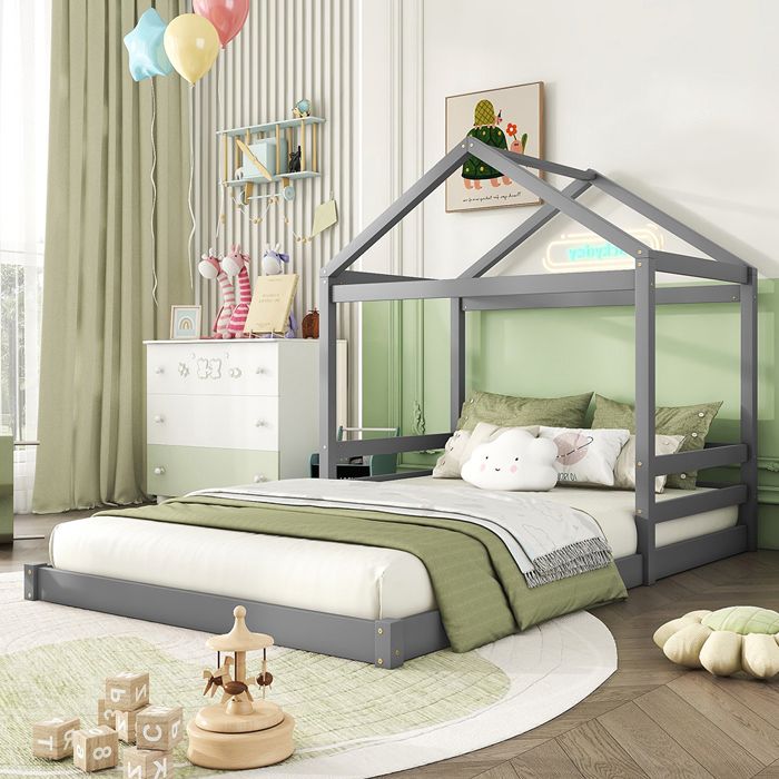 Lit enfant - PUGSDRLY - Forme maison - 140 x 200 cm - Sommier à lattes - Gris