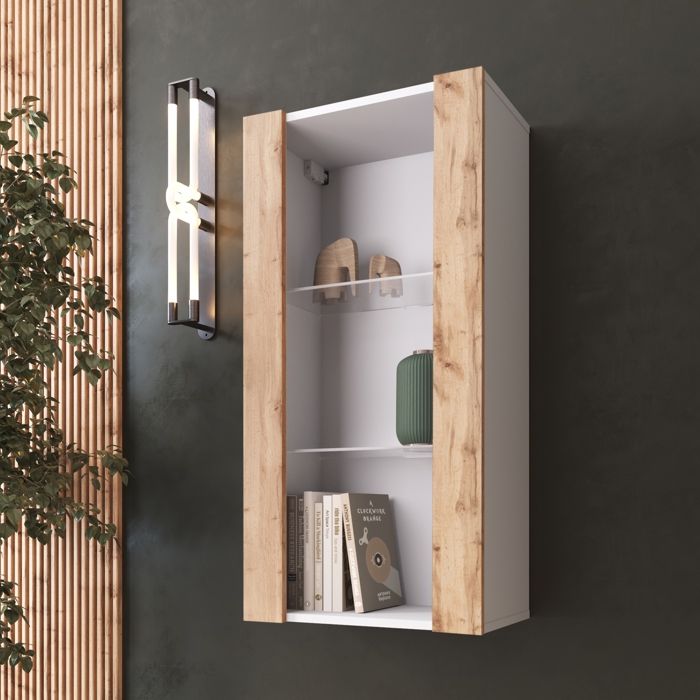 Vitrine Murale Komodee TIVOLI - sans LED - Bois naturel et Blanc - Facades en Mat - 50 x 100 x 29 cm