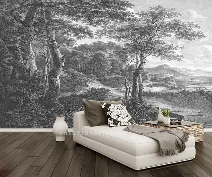 Papier Peint Panoramique Art nordique 3D paysage noir et blanc cascade ...