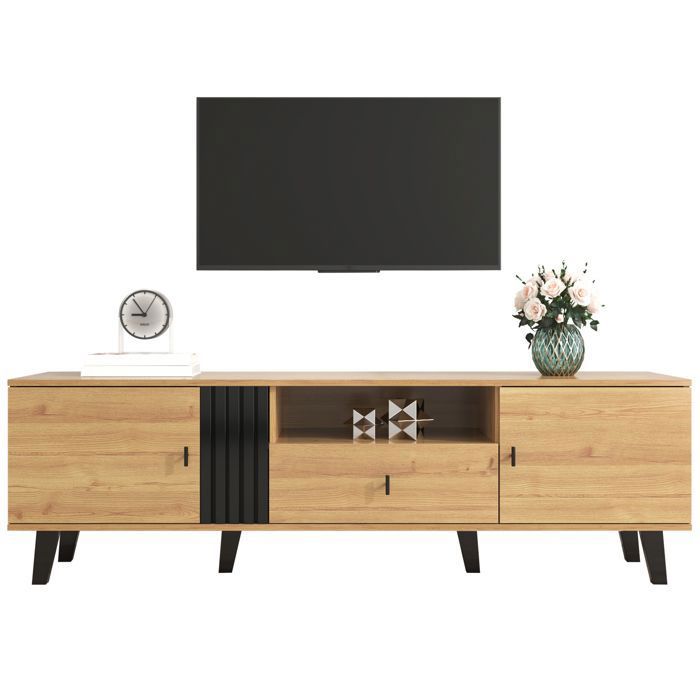 Meuble TV Design Bois et Noir Industriel Portes et Tiroir Armoire TV de Salon 170x40x50cm Naturel Rustique