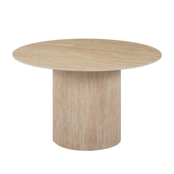 Table à manger ronde 4 personnes - Plateau en céramique effet travertin beige - ESME