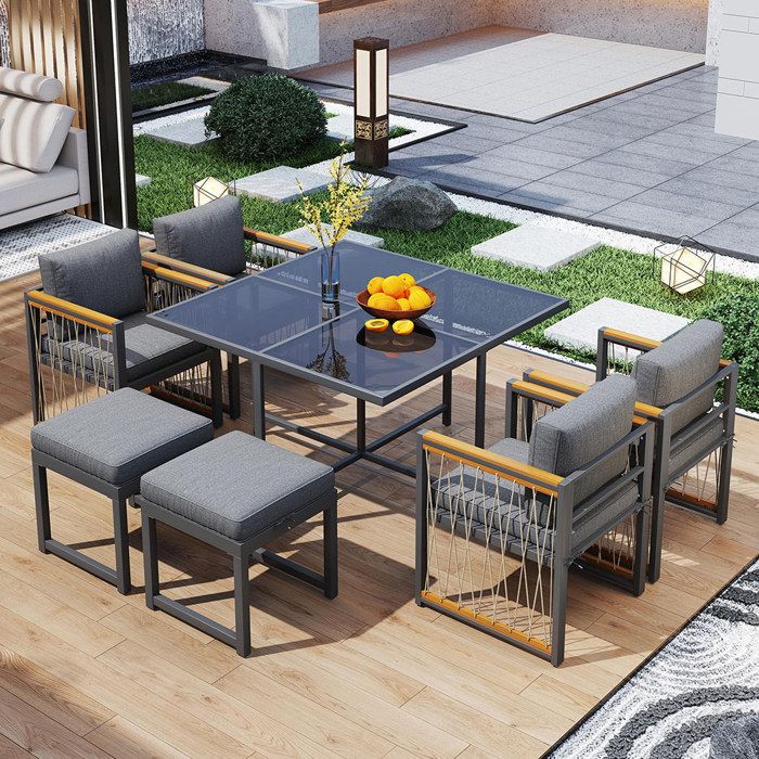 Salon de jardin Ensemble de 7 pièces - comprenant une table et des chaises dextérieur pour 6 personnes Gris Salon de jardin Ensemble de 7 pièces - comprenant une table et des chaises dextérieur pour 6 personnes Gris