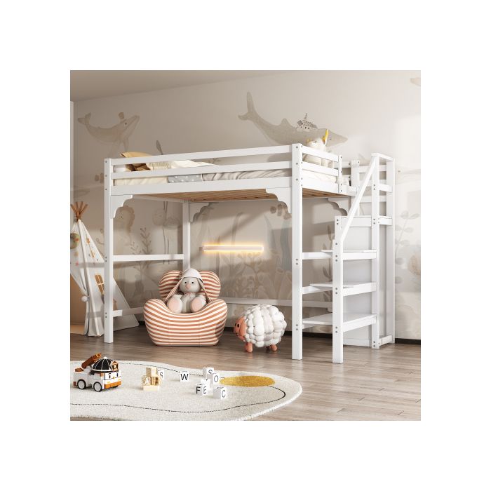 Lit superposé - MUVOE - 140x200cm - Bois massif - Escalier de rangement - Armoire intégrée
