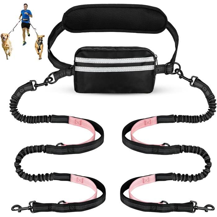 Comparer les prix de Laisse mains libres pour chien avec pochette - Laisse élastique double rétractable pour deux chiens ceinture réglable avec deux