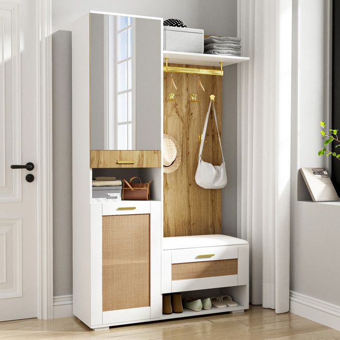 Ensemble armoire avec miroir 5 crochets dorés porte-manteau mural avec compartiments de rangement et LED blanc et couleur bois