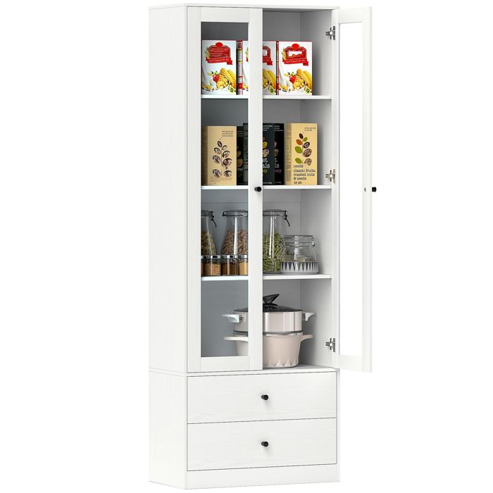 Meuble de rangement - HOMCOM- moderne - placard à portes vitrées étagères réglables et 2 tiroirs - 59 x 30 x 164 cm - blanc