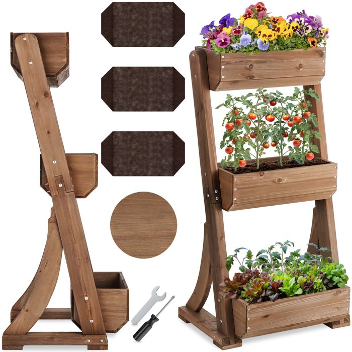 Jardinière verticale - TECTAKE - Jardinière haute FLORA 3 ÉTAGES Résistant aux intempéries en bois de sapin - Marron