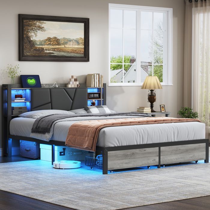 Lit Double 140x200 cm avec éclairage LED et Charge USBLit AdulteCadre de Lit en Métal avec 2 TiroirsTête de lit avec Rangement