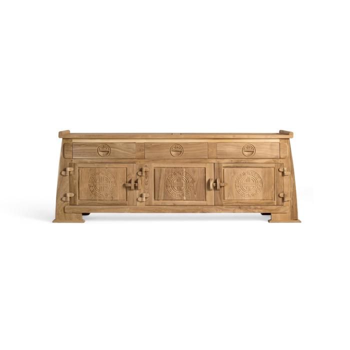 Meuble TV en teck massif - 170 cm - Naturel - 3 tiroirs - 3 portes sculptées - Style ethnique - Charnières en bois Meuble TV en teck massif - 170 cm - Naturel - 3 tiroirs - 3 portes sculptées - Style ethnique - Charnières en bois