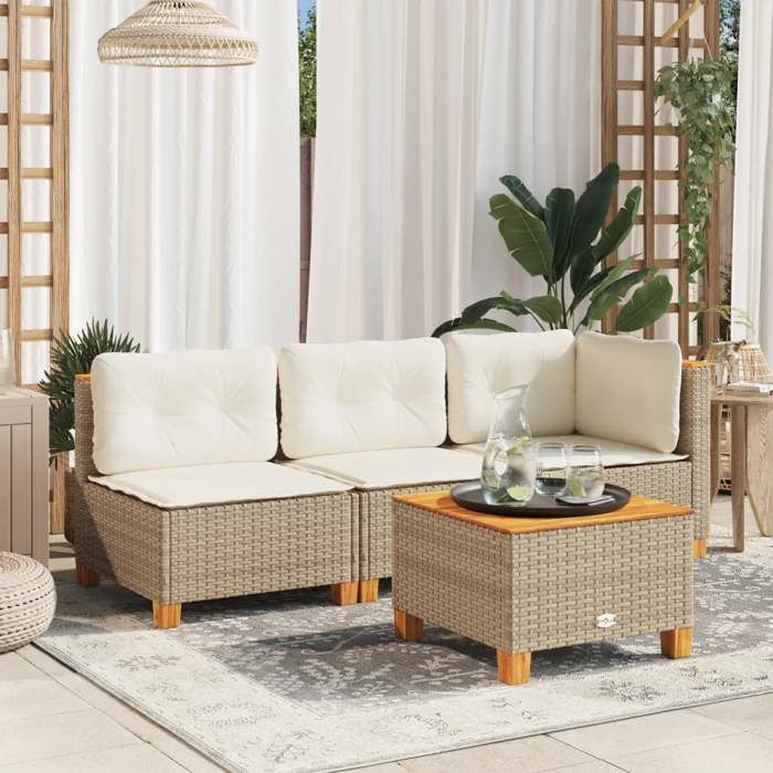 Canapé de jardin sans accoudoirs - vidaXL - Résine tressée - Beige - 635x635x62 cm - Coussins amovibles
