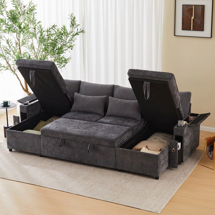 Canapé panoramique Convertible en U avec porte-boissonsTissu DesignCanapé Convertible 4 Places avec Coffre de RangementGris