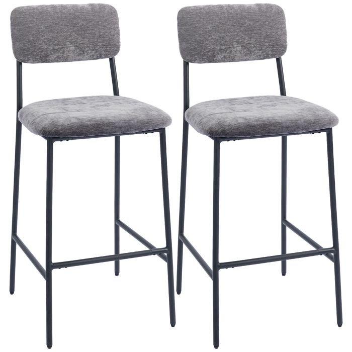 Lot de 2 tabourets de bar - HOMCOM - rembourrées - assise large dossier haut - pieds en acier tissu chenille - 45 5x48x101cm - gris