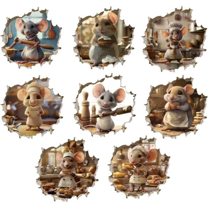 Autocollants muraux 3D - VETOBIOL - 8 pièces - Design 3D - Amovible - Vinyle - Souris de cuisson - Réutilisable