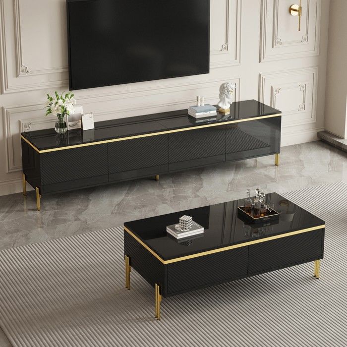 Ensemble Meuble TV Moderne et Table Basse - Noir Brillant avec Pieds en Métal Doré 4 Portes et 2 Tiroirs