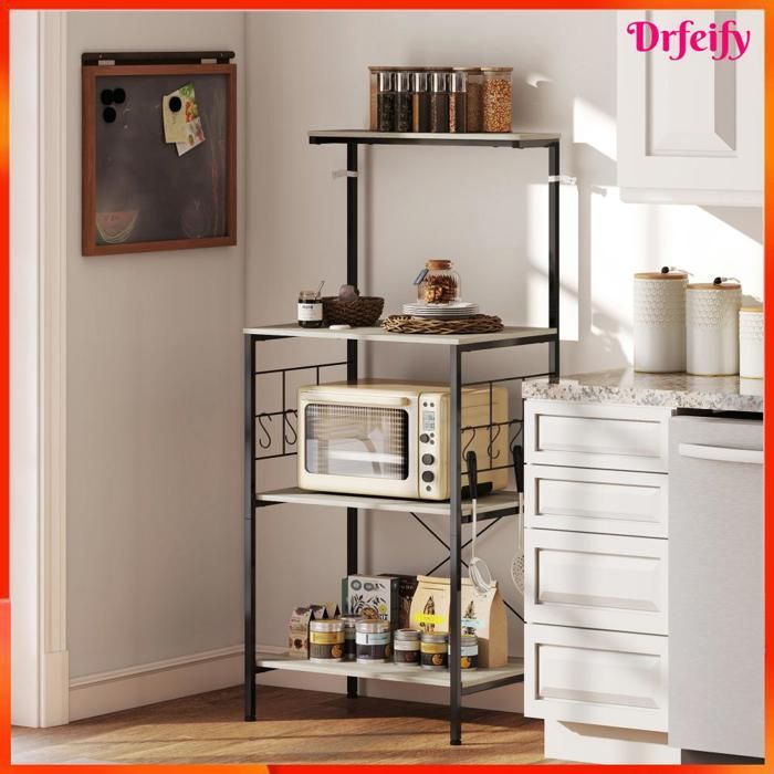 Étagère de cuisine polyvalente AKOZON (modèle 12315) conçue pour optimiser l’espace : dimensions 60 x 42 x 1345 cm. Structure métal avec panneaux en panneau de particules finition chêne et cadre noir. Rangement sur 4 niveaux (étagère supérieure vaste plan de travail et deux étagères inférieures) adapté pour micro-ondes vaisselle et appareils. Panneaux latéraux grillagés équipés de 8 crochets en S amovibles pour tasses et ustensiles. Pieds réglables et sangles anti-basculement pour une stabilité et une sécurité accrues même sur sols irréguliers. Montage facile avec pièces marquées et notice fournie. Idéal comme support micro-ondes bar à café ou meuble de rangement complémentaire dans la cuisine ou la salle à manger.