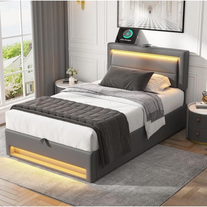 Lit rembourré gris 160 x 190 cm avec USB LED et rangement