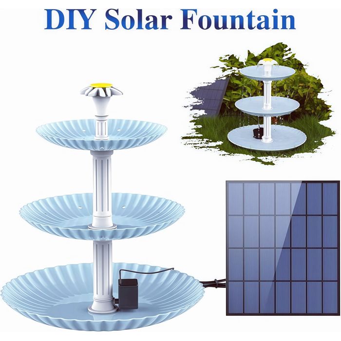Fontaine Solaire AISITIN 3 5W - Panneau Stratifié - Bain dOiseau 3 Couches Bleu Ciel - Pompe DIY - Mangeoire Extérieur