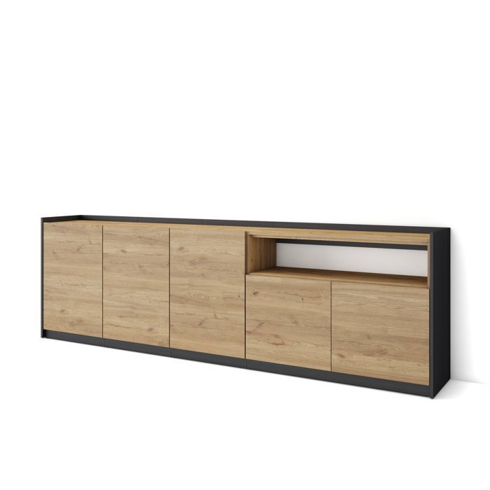 Buffet salon et cuisine 260x37x80cm Chêne et noir RF4260 composé de module avec ouverture supérieure et portes battantes. Buffet salon et cuisine 260x37x80cm Chêne et noir RF4260 composé de module avec ouverture supérieure et portes battantes.
