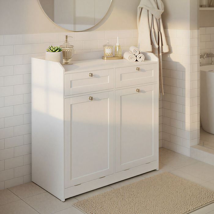 Colonne de Salle de Bain avec Panier à Linge 2 Tiroirs Sac Amovible Poignées Blanc
