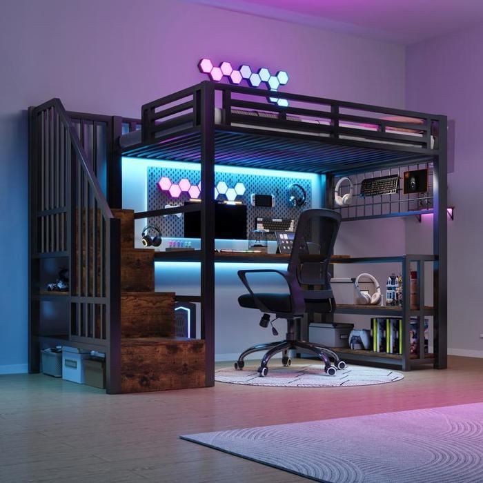 Lit mezzanine 90x200 cm avec bande lumineuse LED et 2 ports USB et 1 prise Type-C Lit enfant avec espace de rangement Noir