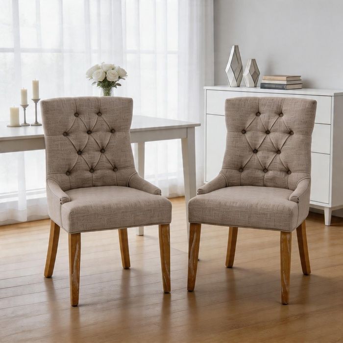 Chaises de salle à manger - Modèle Scandinave - Tissu beige - Pieds chêne massif - Dossier riveté