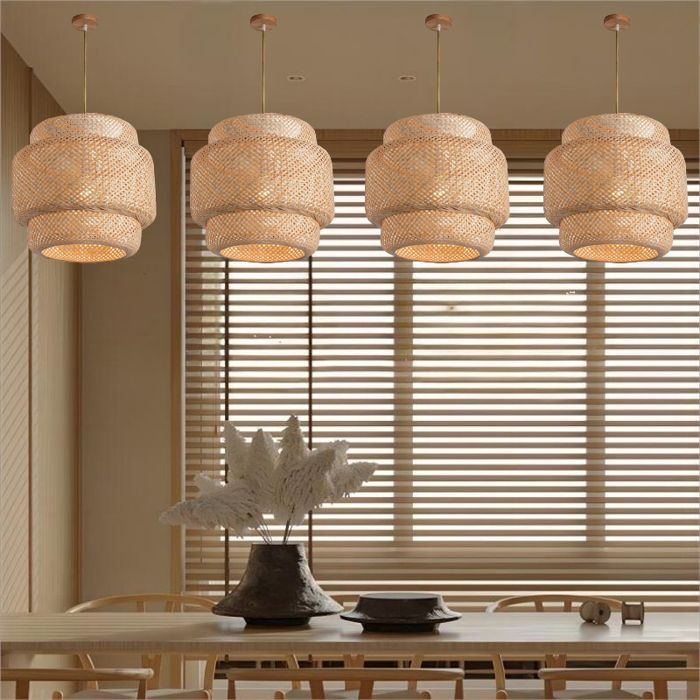 WOTTES Lustre Suspension Luminaire Suspension Bambou Rotin Naturel Ø35*38cm 4PCS pour Chambre Salle à Manger Cuisine
