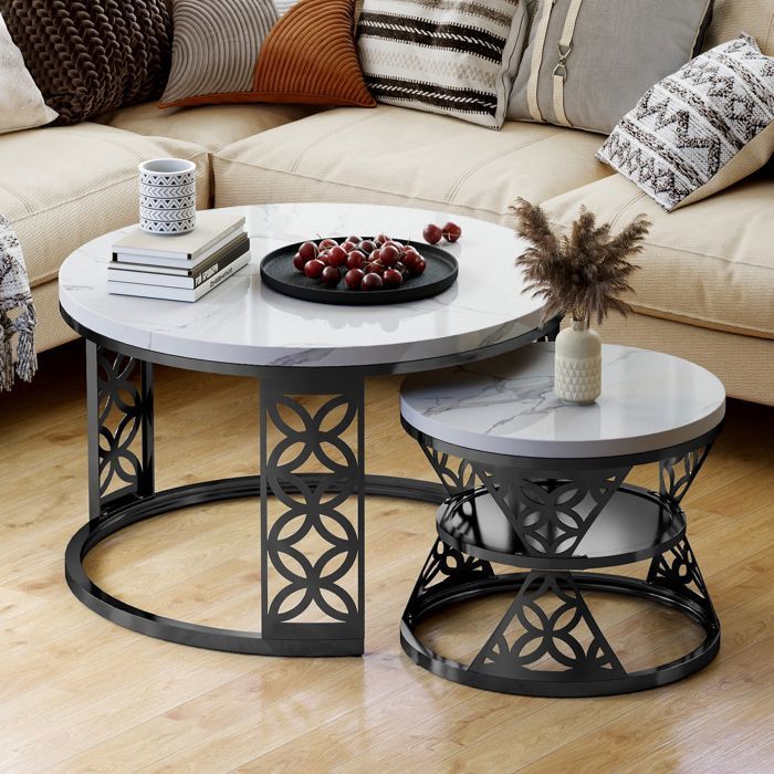 Lot de 2 tables basses noir et blanc avec plateau effet marbre