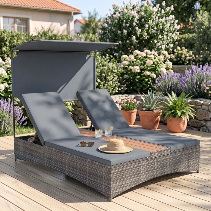 Salon de Jardin 2 Places COSTWAY en Rotin PE Toit Pare-soleil Coussins Amovibles Gris Dossier Réglable 2 Porte-Gobelets Salon de Jardin 2 Places COSTWAY en Rotin PE Toit Pare-soleil Coussins Amovibles Gris Dossier Réglable 2 Porte-Gobelets
