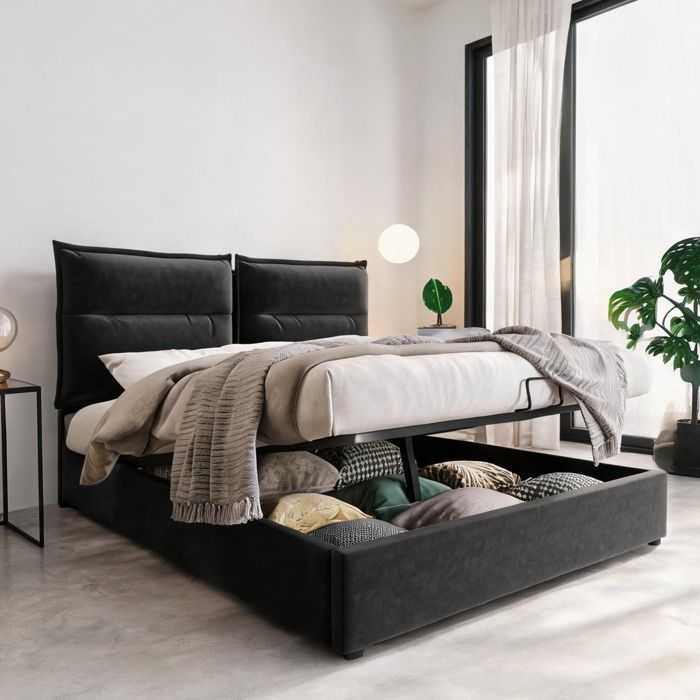 Lit double capitonné en velours matte black 140x200 cm avec sommier relevable et rangement intégré