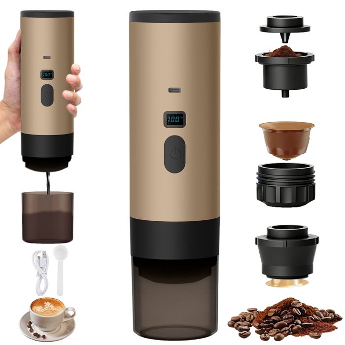 Machine à café portable 3 en 1 90ml 15 bar auto chauffante 4 à 6 minutes 7500 mAh petite capsule grande capsule café moulu