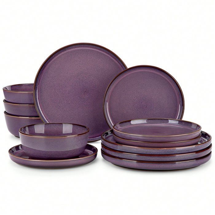 vancasso Vaisselle SATA 12pcs Service de Table Assiettes à Bords Incurvés avec Ensemble Assiettes et Bols pour 4 personnes -Violet