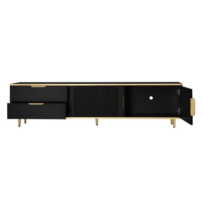 Meuble TV - SENVIRO - 170x45x37cm 2 tiroirs structure sculptée noir et or lignes élégantes noir