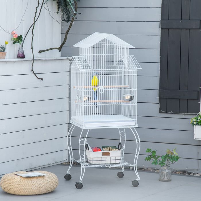Grande cage à oiseaux sur roulettes 50 x 49 x 137 cm blanche avec support et étagère pour calopsitte et conure soleil