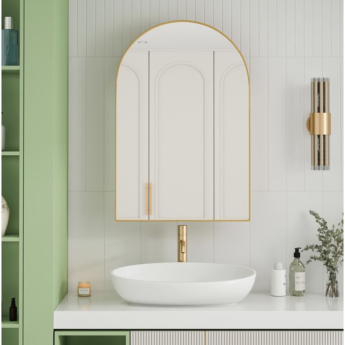 WUVRIE Armoire à pharmacie miroir arquée 91x61x12 cm métal doré murale ou encastrable 2 étagères verre