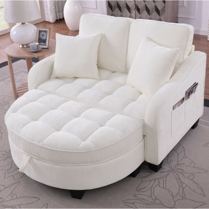 WOVREO Canapé convertible 1 place 2 en 1 avec pouf de rangement chenille beige bois d’eucalyptus